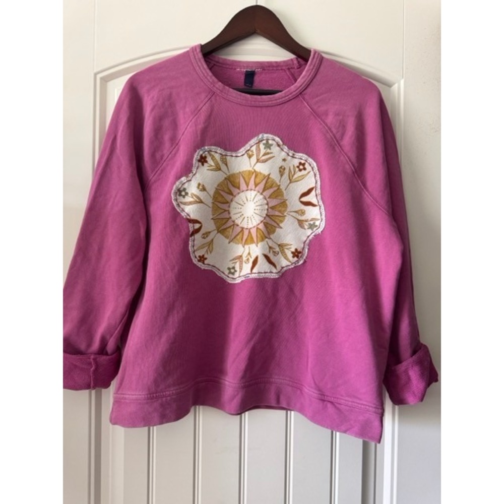 One of a kind Boho Sun Moon Patch Cotton Sweatshirt Berry Pink Raglan Pullover L